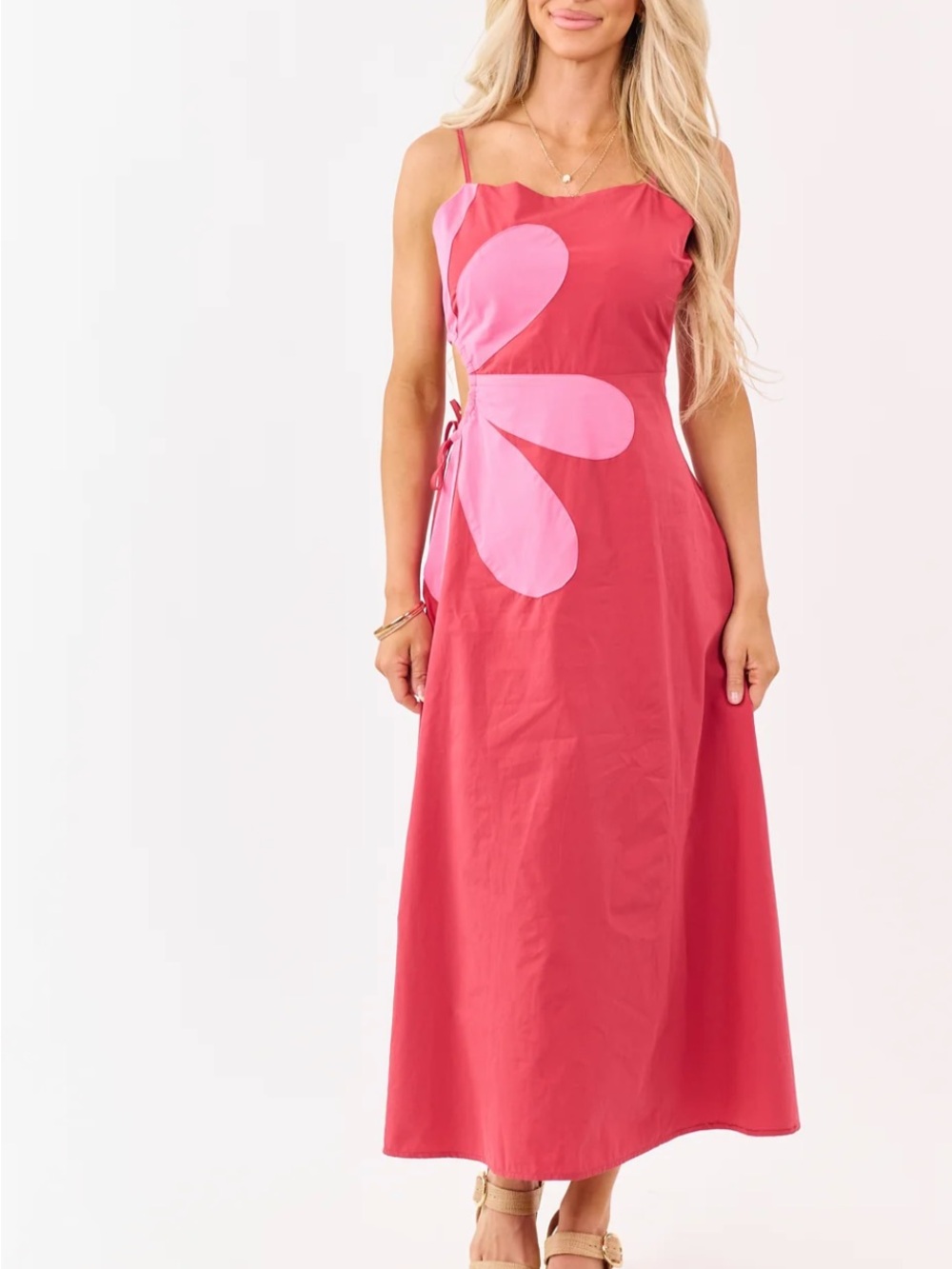 Very J Pink Flower Cutout Midi Dress NEW IN PACKAGE. Size large - Picture 2 of 8